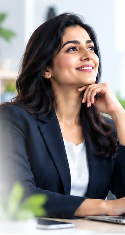 An HR professional smiling at her laptop